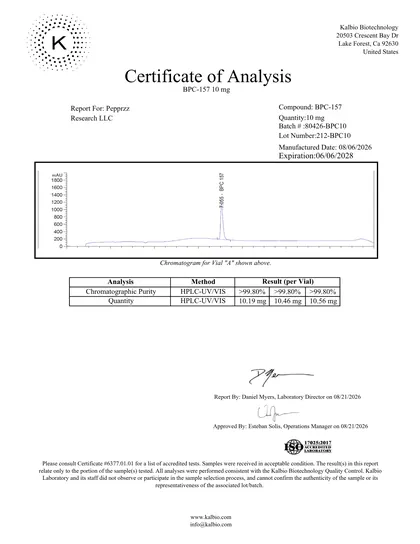 Page one of a certificate of analysis: HPLC chromatogram, chromatographic purity and quantity per vial.