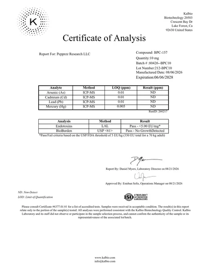 Page two of a certificate of analysis: heavy metals by ICP-MS, endotoxin and bioburden results.