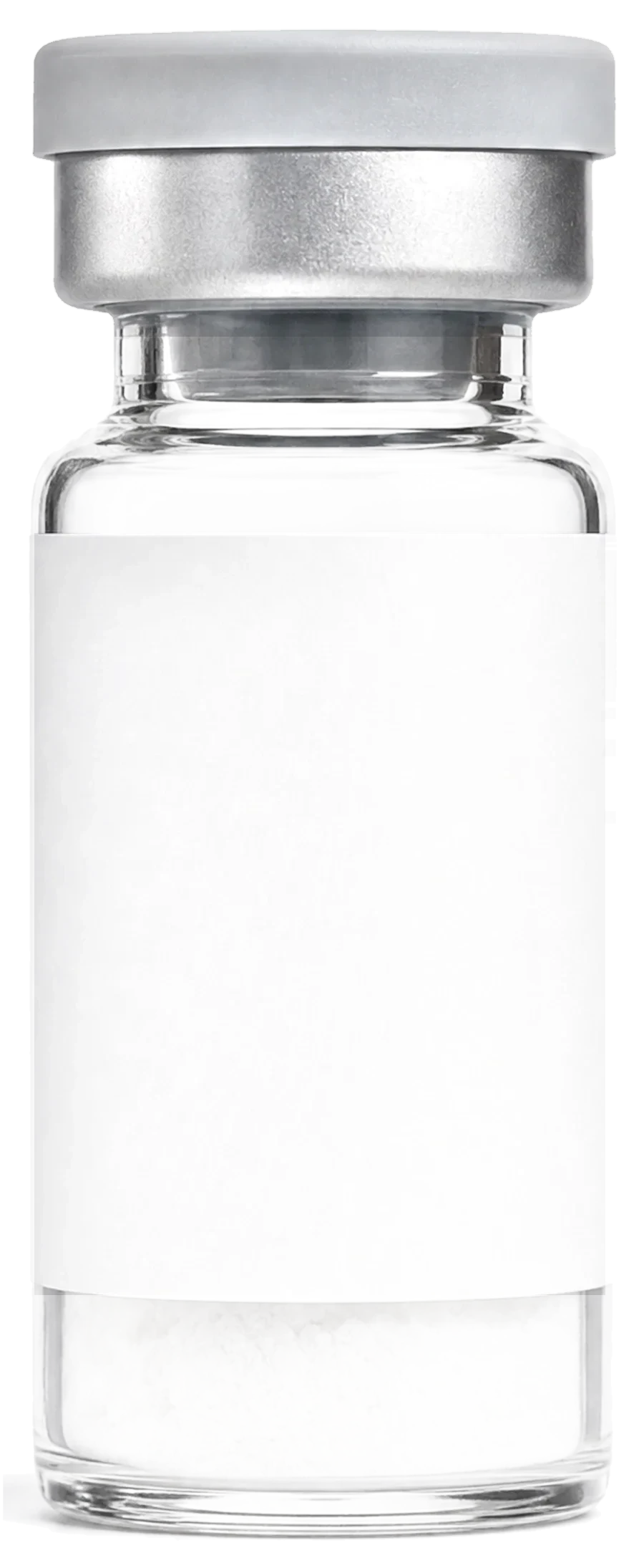 A 3 millilitre clear glass vial with a crimp cap, wearing the label you are designing.